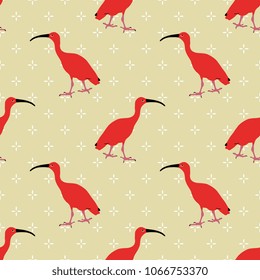 Seamless geometrical pattern with silhouettes of Scarlet Ibis birds. (Eudocimus ruber).