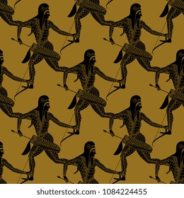 Seamless geometrical pattern with silhouettes of Scythian warriors. Based on ancient Greek motif.