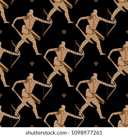 Seamless geometrical pattern with silhouettes of Scythian warriors and abstract polka dots. Ethnic style. Based on ancient Greek motif.