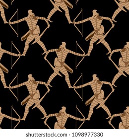Seamless geometrical pattern with silhouettes of Scythian warriors. Ethnic style. Based on ancient Greek motif.