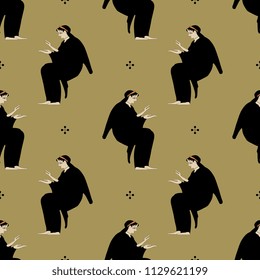 Seamless geometrical pattern with silhouettes of seated ancient Greek woman and abstract polka dots. Cartoon style. Based on vase painting motif.