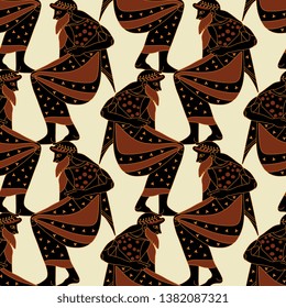 Seamless geometrical pattern with silhouettes of seated ancient Greek god or male character. Vase painting style.