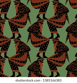 Seamless geometrical pattern with silhouettes of seated ancient Greek gods or male characters. Vase painting style.