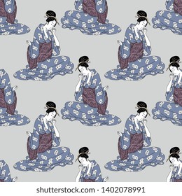 Seamless geometrical pattern with silhouettes of sitting Japanese girl or geisha in kimono. Ethnic style.
