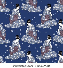 Seamless geometrical pattern with silhouettes of sitting Japanese girl or geisha in kimono and snowflakes. Ethnic style.