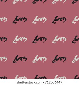 Seamless geometrical pattern with silhouettes of snakes. Staggered black and gray images on mauve pink background.