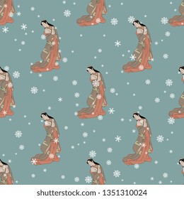 Seamless geometrical pattern with silhouettes of standing Japanese girl in kimono and snowflakes. Based on traditional vintage motif.