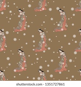Seamless geometrical pattern with silhouettes of standing Japanese girl in kimono and snowflakes. Based on traditional vintage motif.
