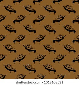 Seamless geometrical pattern with silhouettes of stylized elk or deer. Based on ancient Altai petroglyph from Taldura river. Scythian style.