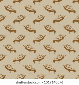 Seamless geometrical pattern with silhouettes of stylized elk or deer. Based on ancient Altai petroglyph from Taldura river. Scythian style.