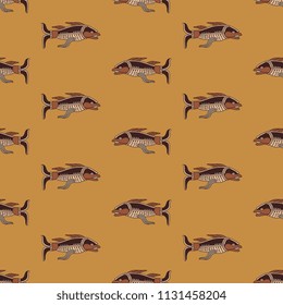 Seamless geometrical pattern with silhouettes of stylized fish. Based on ancient folk motif of Maya Indians. 