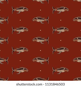 Seamless geometrical pattern with silhouettes of stylized fish and small polka dot. Based on ancient folk motif of Maya Indians. 