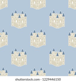 Seamless geometrical pattern with silhouettes of stylized medieval city or castle.