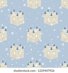 Seamless geometrical pattern with silhouettes of stylized medieval city or castle and snowflakes.