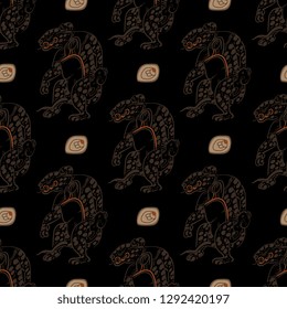 Seamless geometrical pattern with silhouettes of stylized jaguars and hieroglyphs. Ancient ethnic motif of Mayan Indians. 