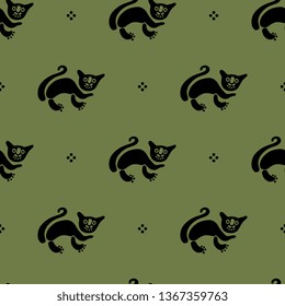Seamless geometrical pattern with silhouettes of stylized funny cats. Ancient Peruvian ethnic motif.