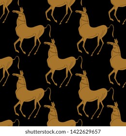 Seamless geometrical pattern with silhouettes of stylized horses. Ancient Greek vase painting motif.