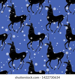 Seamless geometrical pattern with silhouettes of stylized horses and snowflakes. Ancient Greek vase painting motif.