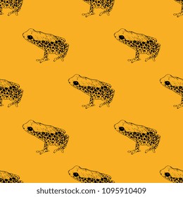 Seamless geometrical pattern with silhouettes of tropical South American dart poison frogs Ranitomeya. Based on hand drawn linear black ink sketch.