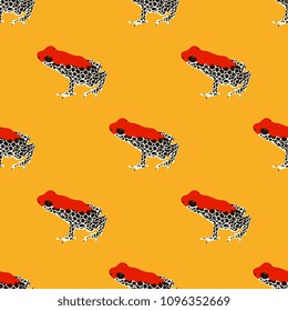 Seamless geometrical pattern with silhouettes of tropical South American dart poison frogs Ranitomeya. Flat cartoon style.