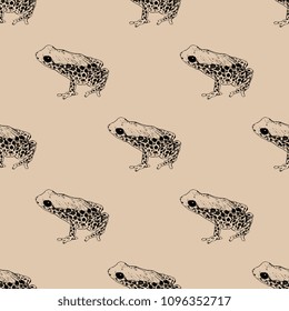 Seamless geometrical pattern with silhouettes of tropical South American dart poison frogs Ranitomeya. Based on hand drawn linear black ink sketch. Vintage style.