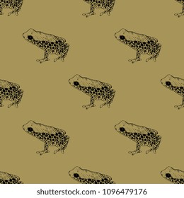 Seamless geometrical pattern with silhouettes of tropical South American dart poison frogs Ranitomeya. Based on hand drawn linear black ink sketch. Vintage style.