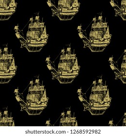 Seamless geometrical pattern with silhouettes of vintage European sailing ships. Hand drawn linear sketch.