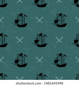 Seamless geometrical pattern with silhouettes of vintage sailing ships and crossed pirate swords.