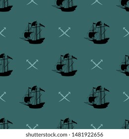 Seamless geometrical pattern with silhouettes of vintage sailing ships and crossed pirate swords.