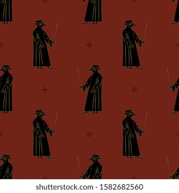 Seamless geometrical pattern with silhouettes of vintage plague doctor. Medieval spooky character with long raven's beak. svg