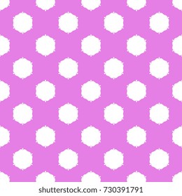 Seamless geometrical pattern with simple floral polka dot motifs. White silhouetted shapes on mauve pink background.