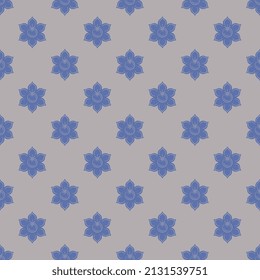 Seamless geometrical pattern with small blue flowers on gray background. Simple floral polka dot. Folk style.