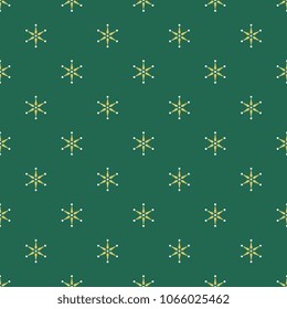 Seamless geometrical pattern with small golden stars and white dots on green background.