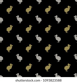 Seamless geometrical pattern with small silhouettes of extinct dodo bird. (Raphus cucullatus).