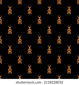 Seamless geometrical pattern with small silhouettes of pagan horned god. Baal Hadad. Man with bull head. Black and orange Halloween design.