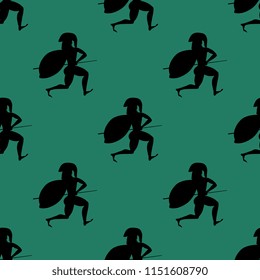 Seamless geometrical pattern with small simple silhouettes of running ancient Greek warriors.