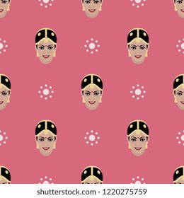 Seamless geometrical pattern with smiling faces of beautiful Indian girl and floral polka dots. Cartoon style.