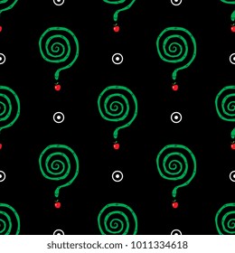 Seamless geometrical pattern with snakes, apples and abstract dots. 