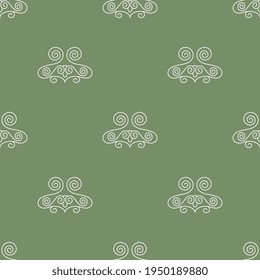 
Seamless geometrical pattern with spiral Viking motifs. Linear white silhouettes on green background.