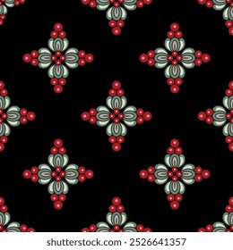 Seamless geometrical pattern with square cross shape floral design. Folk style. On black background.