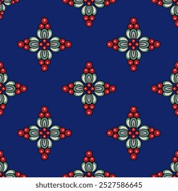 Seamless geometrical pattern with square cross shape floral design. Folk style. On blue background.