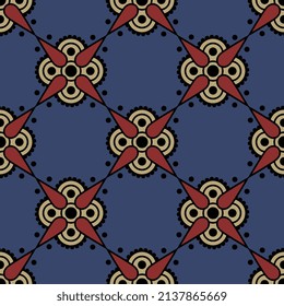 Seamless geometrical pattern with square floral mandala. Ancient Greek ethnic design. On blue background.