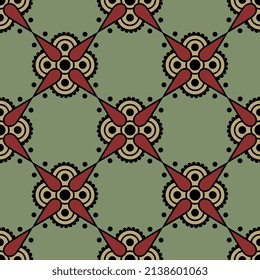 Seamless geometrical pattern with square floral mandalas. Ancient Greek ethnic design. Red, black and yellow shapes on green background.