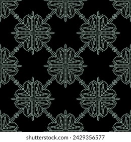 Seamless geometrical pattern with square floral mandalas. Square green mandalas on black background.