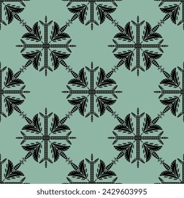 Seamless geometrical pattern with square floral mandalas. Square black mandalas on green background.