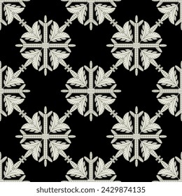 Seamless geometrical pattern with square floral mandalas. Square white mandalas on black background.
