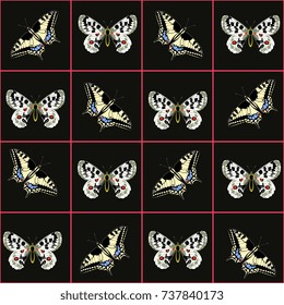 Seamless geometrical pattern with square grid and butterflies. Apollo and swallowtail. 