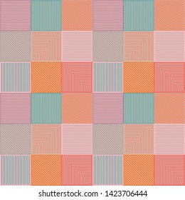 Seamless geometrical pattern with squares and stripes in pastel colors. Abstract flower field pattern.  Cabana Cafe retro style design.