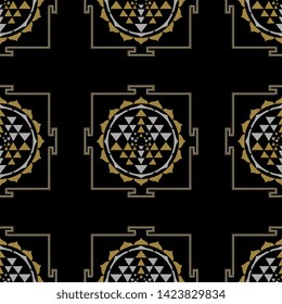 Seamless geometrical pattern with Sri Yantra mandalas. Ancient Indian sacred Hindu symbol.