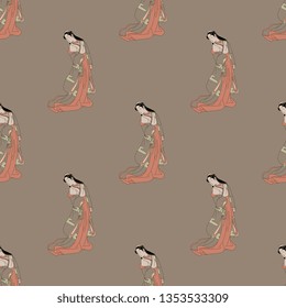 Seamless geometrical pattern with standing Japanese girls in kimono. Based on traditional vintage art.